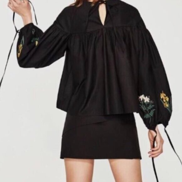 ZARA Chic Black Poplin Embroidered Blouse - Picture 2 of 7